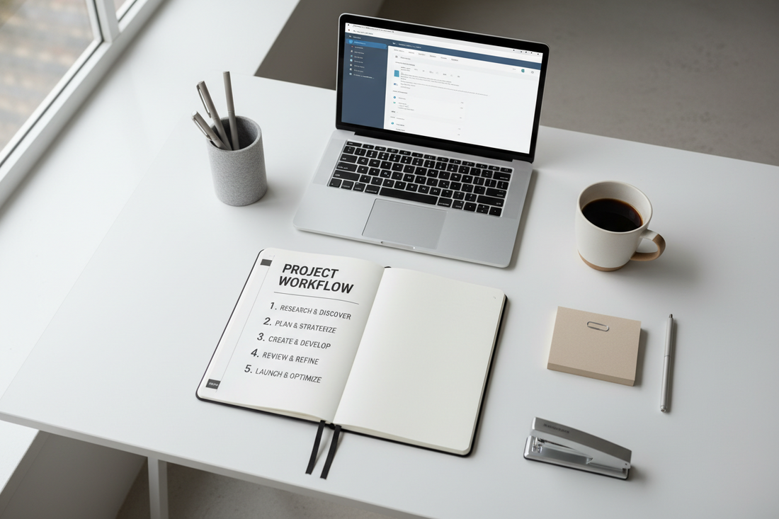 Strukturierter Arbeitsplatz mit Notizbuch und Laptop als Symbol für Klarheit im digitalen Arbeitsalltag