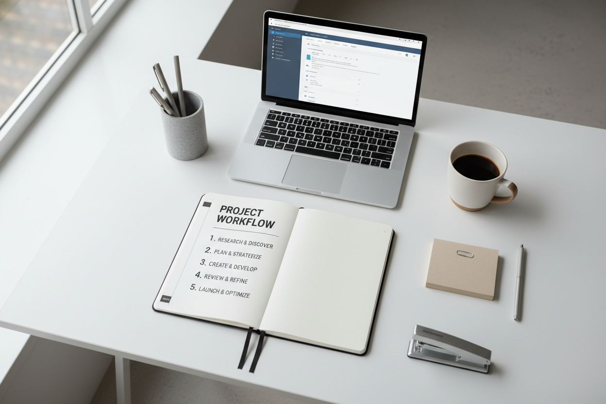 Strukturierter Arbeitsplatz mit Notizbuch und Laptop als Symbol für Klarheit im digitalen Arbeitsalltag