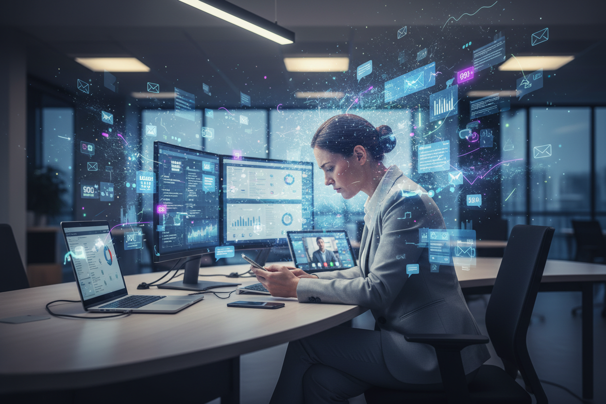 Person am Laptop mit mehreren offenen Fenstern als Symbol für digitale Überforderung im Arbeitsalltag