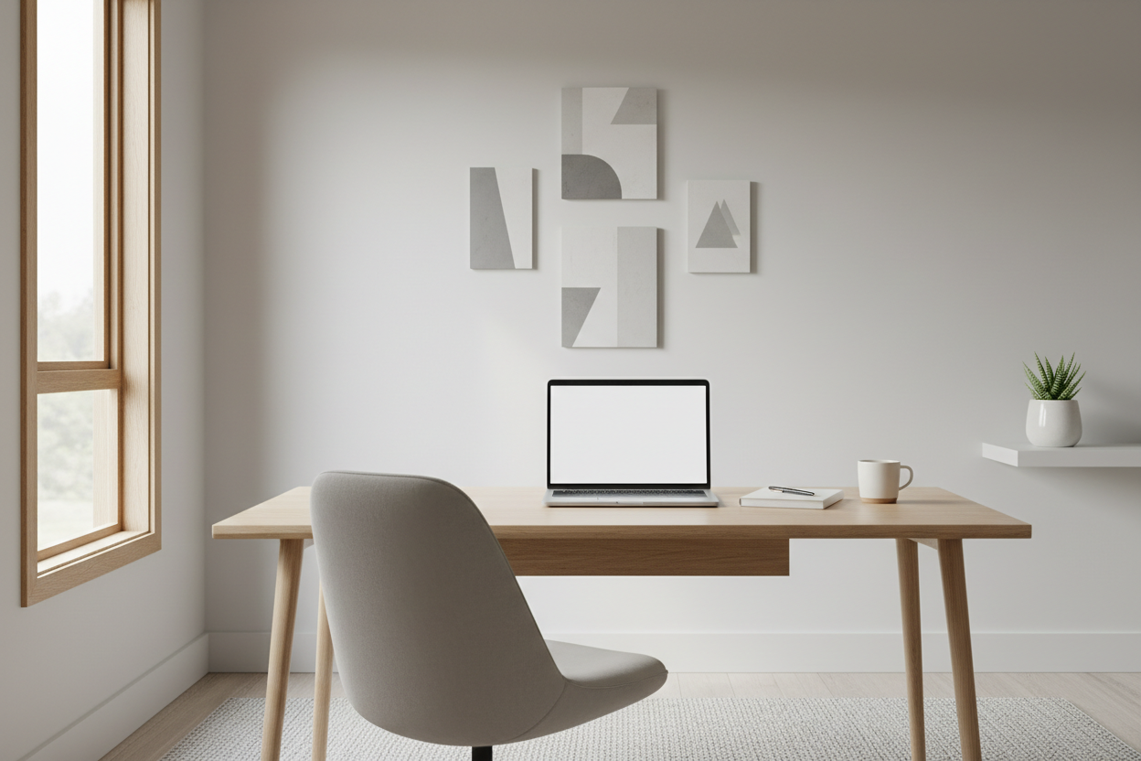 Minimalistischer Arbeitsplatz im Homeoffice für mehr Fokus und Klarheit