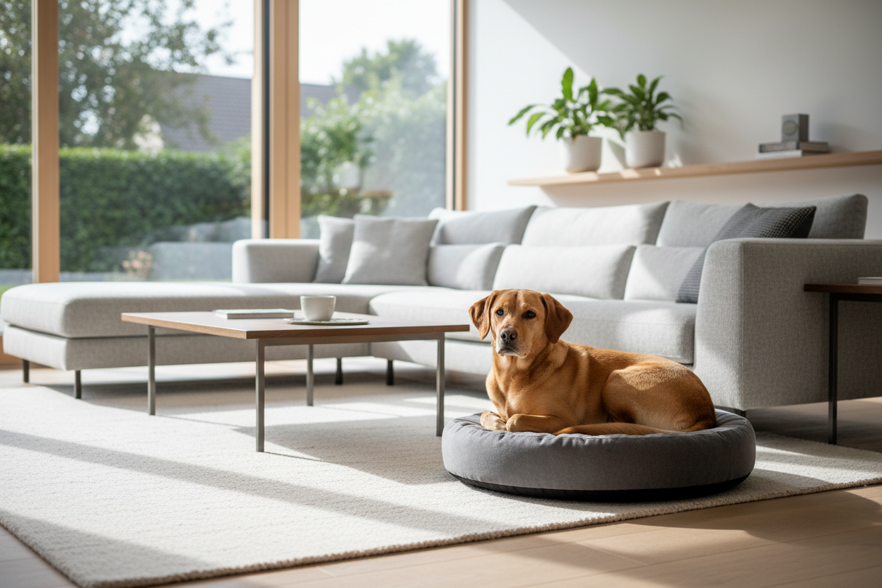 Hund sitzt ruhig in neuer Umgebung und orientiert sich nach dem Einzug in ein neues Zuhause