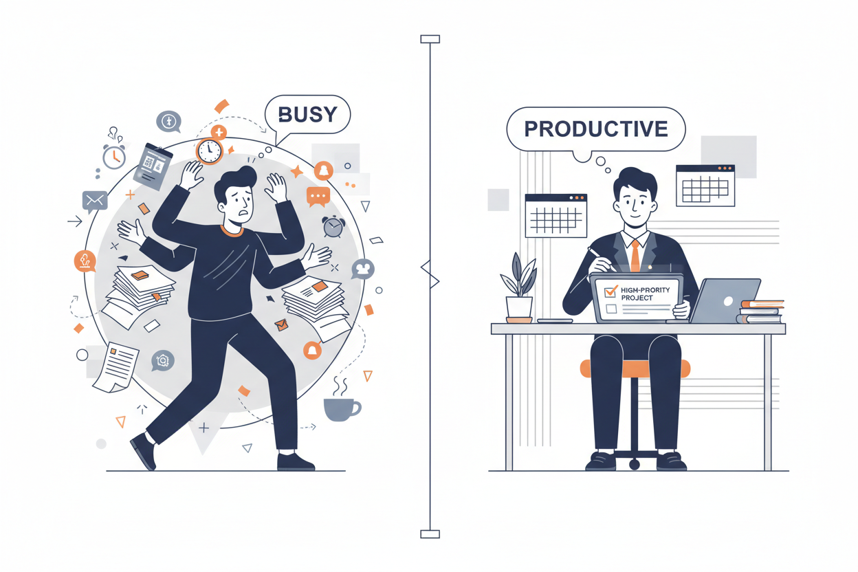 Person arbeitet am Laptop und wirkt trotz vieler Aufgaben überlastet – Symbol für ständige Beschäftigung im Arbeitsalltag