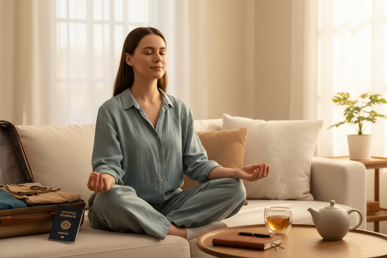 Reisender sitzt ruhig mit gepacktem Handgepäck und bereitet sich entspannt auf den Urlaubsstart vor
