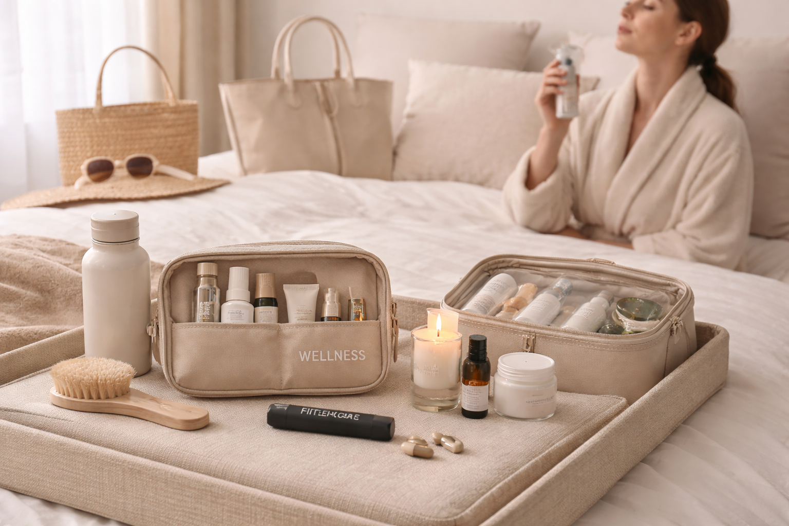 Ausgewählte Reise-Essentials für Wohlbefinden und Selbstfürsorge unterwegs – FitStart Travel Care