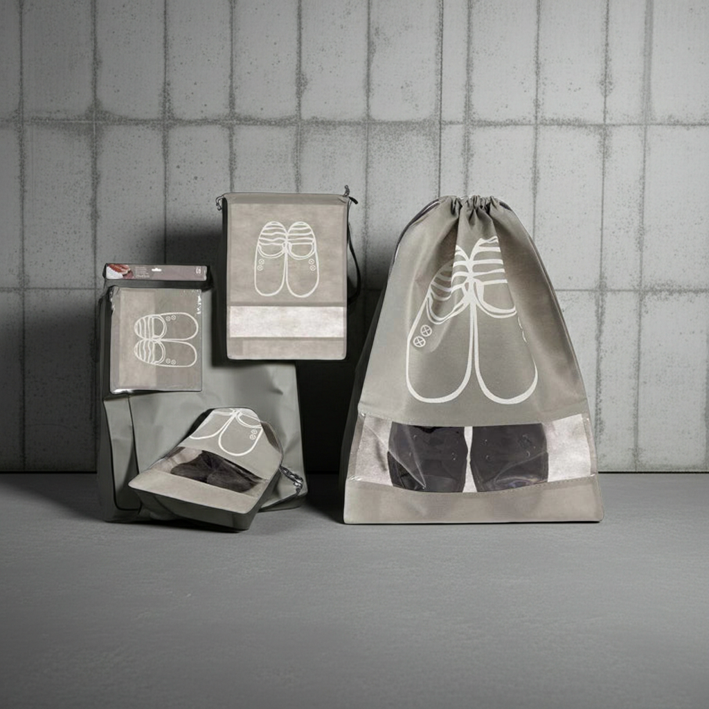 Grauer Schuhbeutel für Reisen aus Stoff und PVC – FitStart Travel Basic