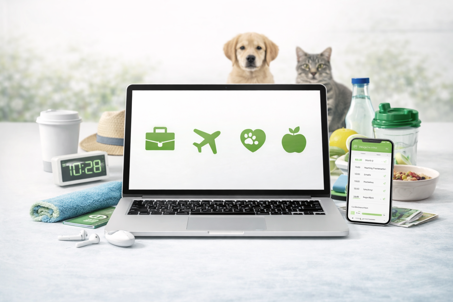 Digital lifestyle platform combining productivity, travel planning, health routines and pet care courses in a modern minimal workspace