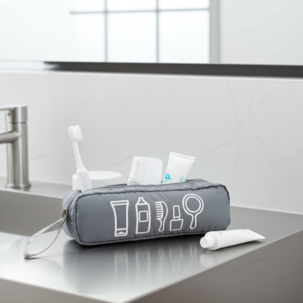 Graue Kosmetiktasche mit Doppelreissverschluss für Reisen und Alltag