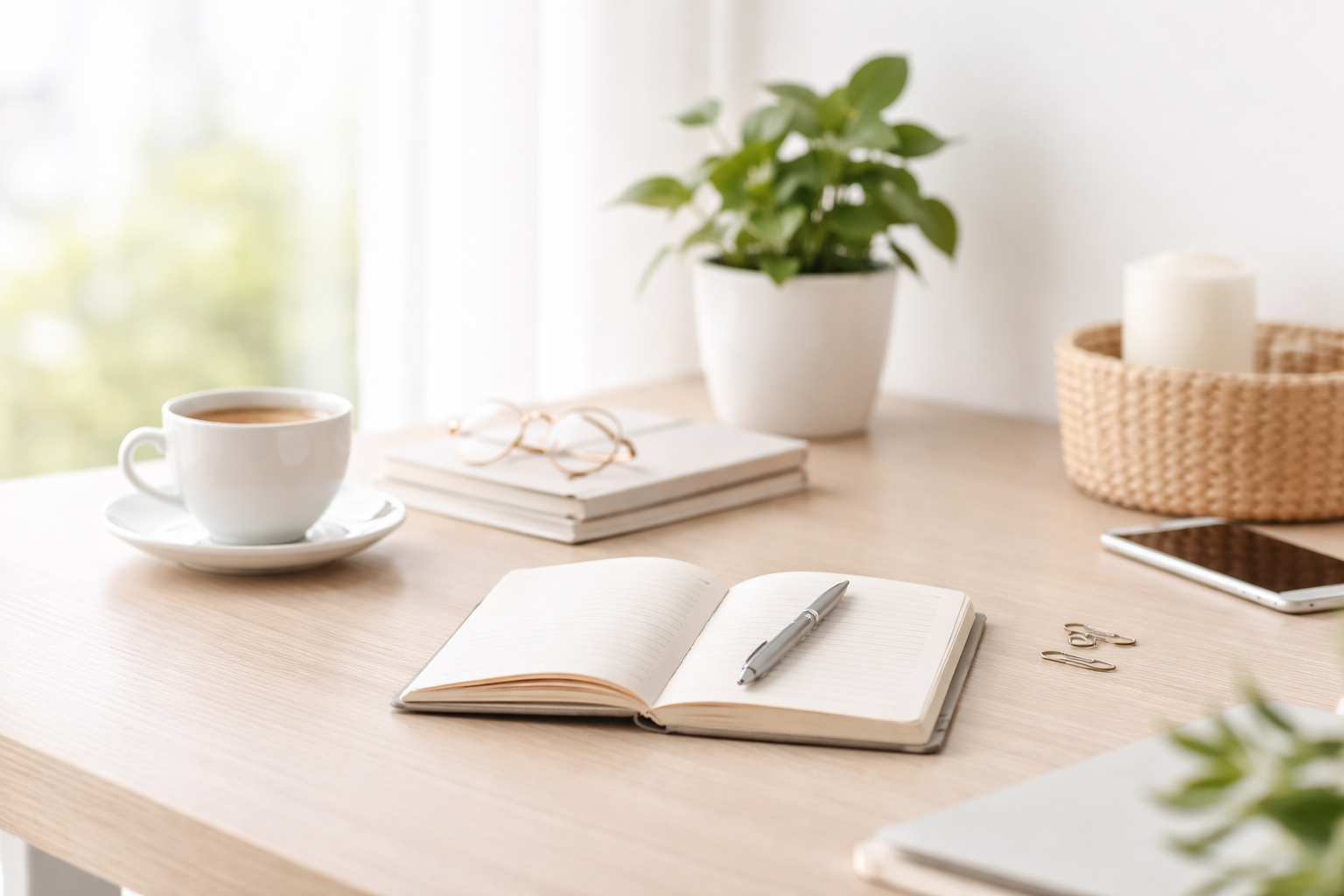 Heller Schreibtisch mit offenem Notizbuch und Stift – FitStart FAQ, Antworten und Orientierung.