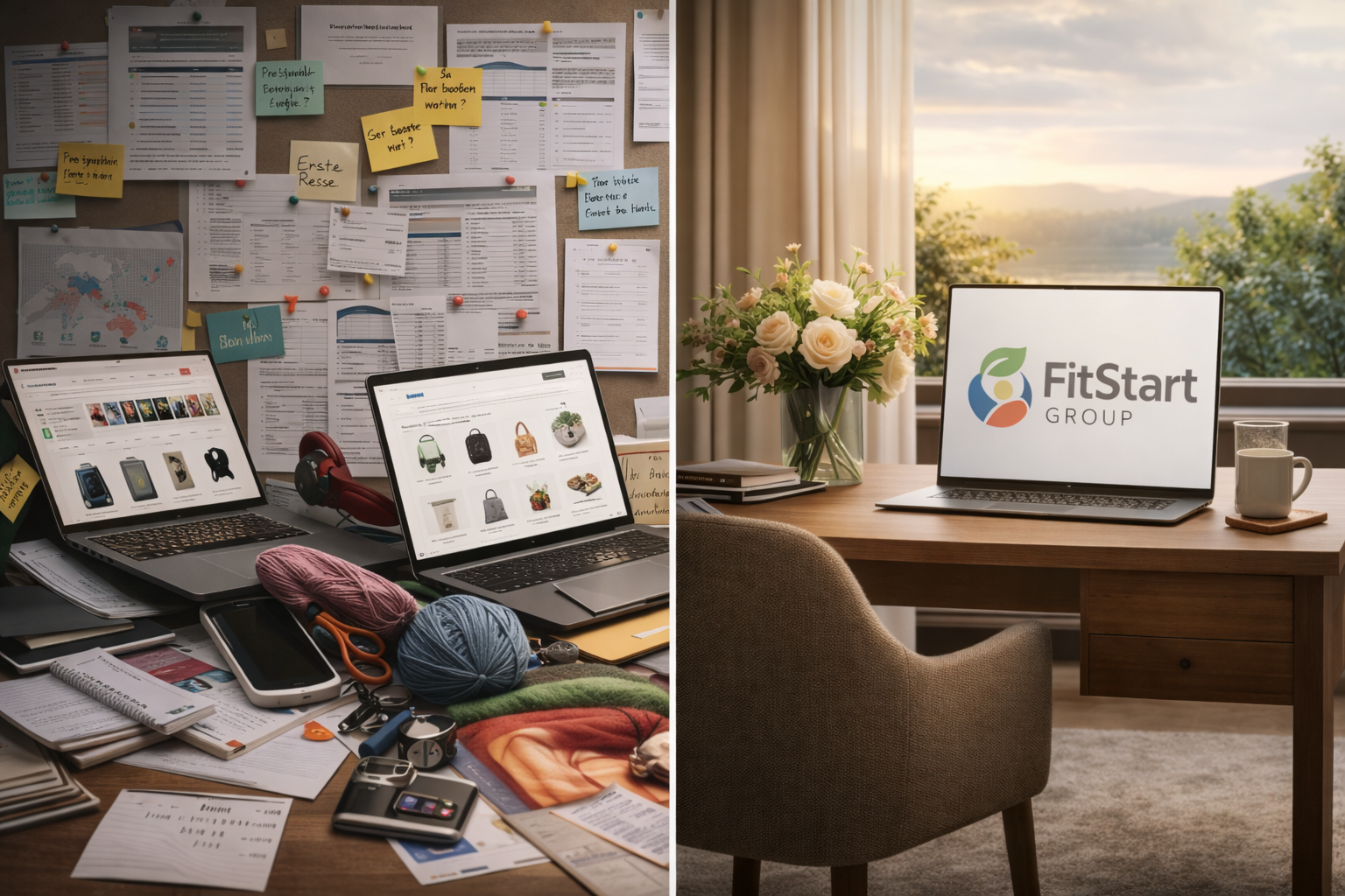 Ruhiger Arbeitsplatz mit natürlichen Elementen als Symbol für Orientierung, Klarheit und einen durchdachten Start mit FitStart.