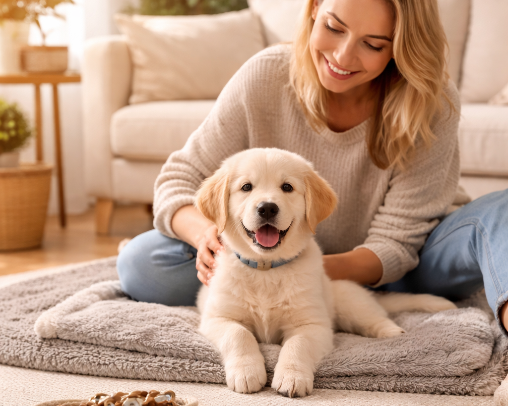 Welpe liegt entspannt im Wohnzimmer bei seiner Bezugsperson – ruhiger Start mit dem FitStart Hund Basic Starter