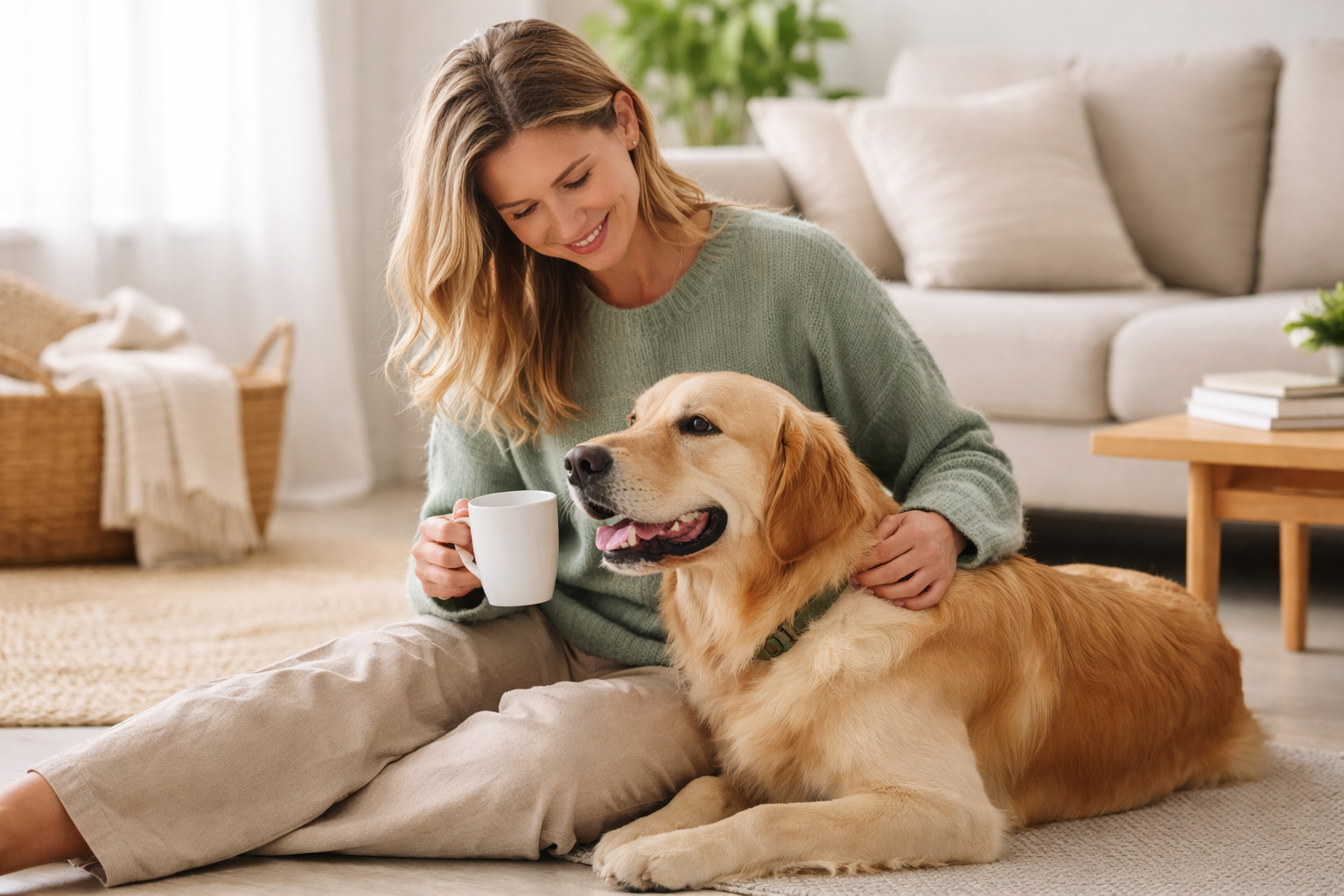 Junge Frau verbringt ruhigen Moment mit ihrer Katze im hellen Wohnzimmer – entspannter Alltag mit Katze von Anfang an.