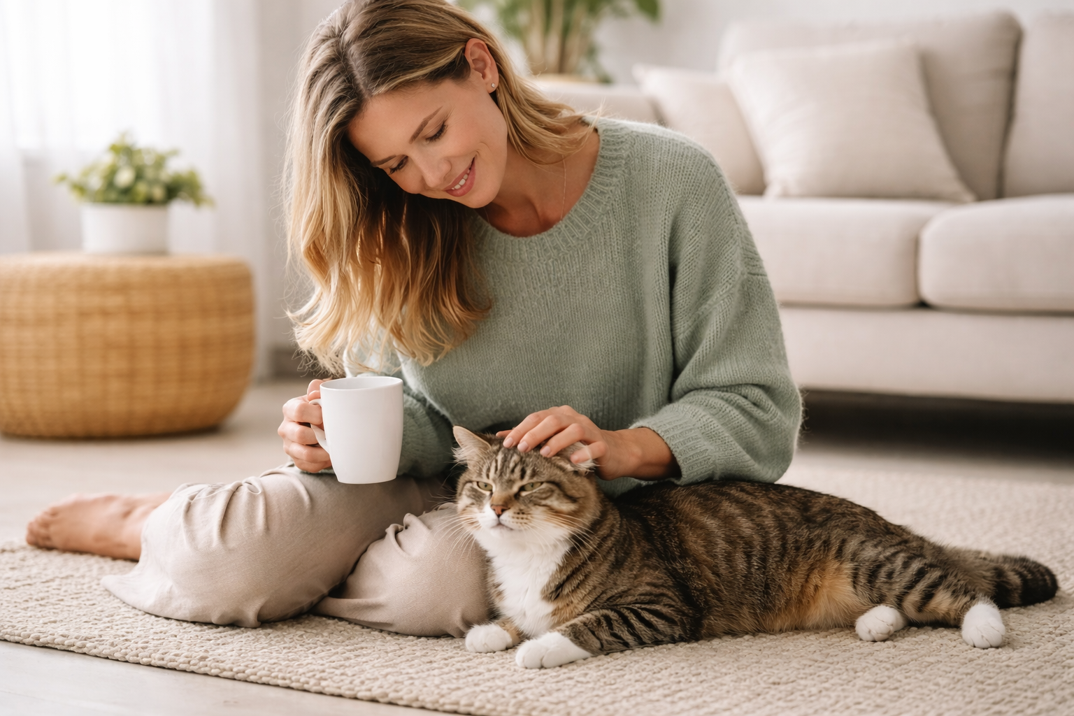 Junge Frau verbringt ruhigen Moment mit ihrer Katze im hellen Wohnzimmer – entspannter Alltag mit Katze von Anfang an.
