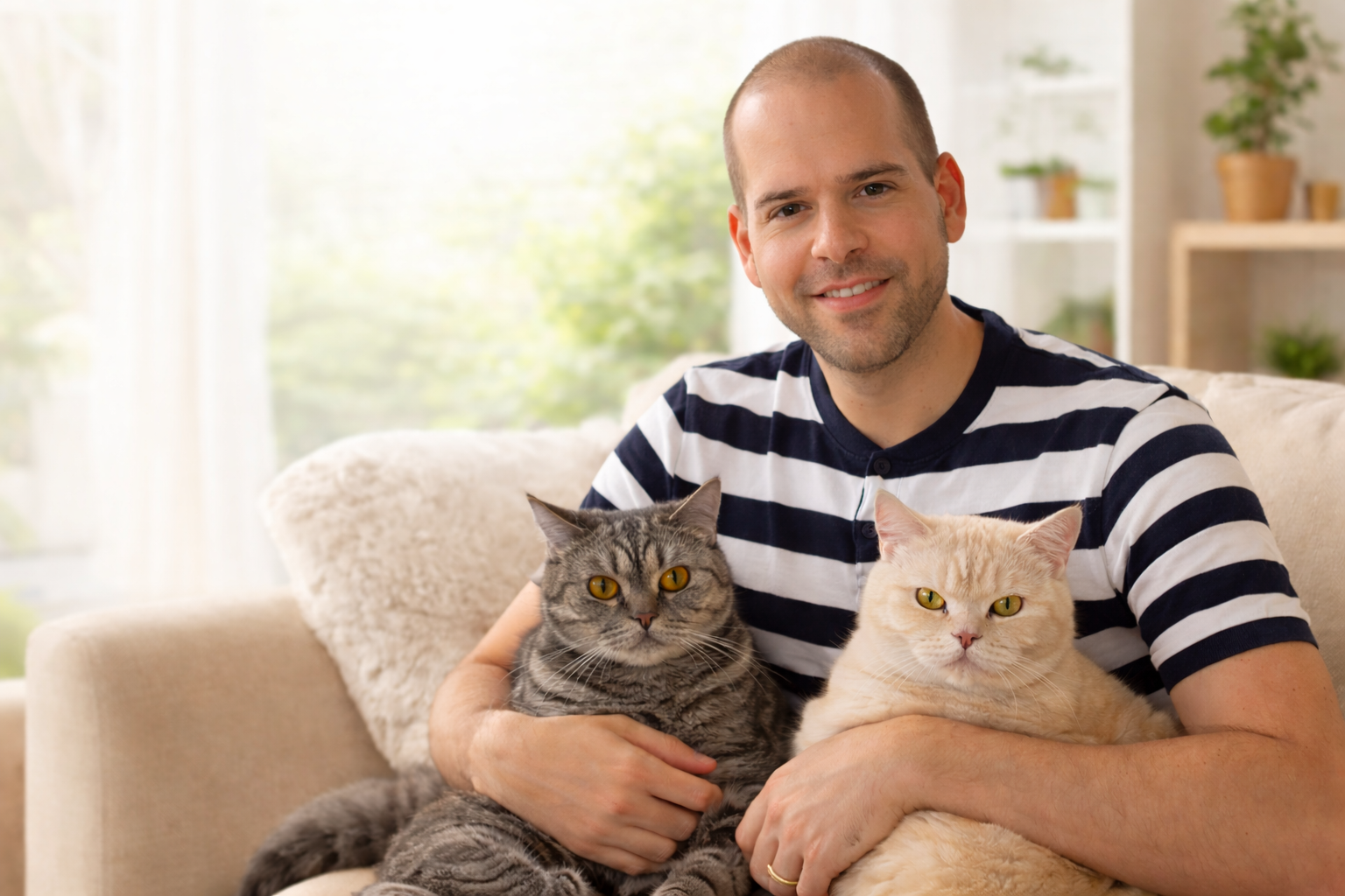 Persönlicher Moment des FitStart-Gründers mit seinen Katzen Delia und Charlie – Inspiration für ruhige, durchdachte Neuanfänge.