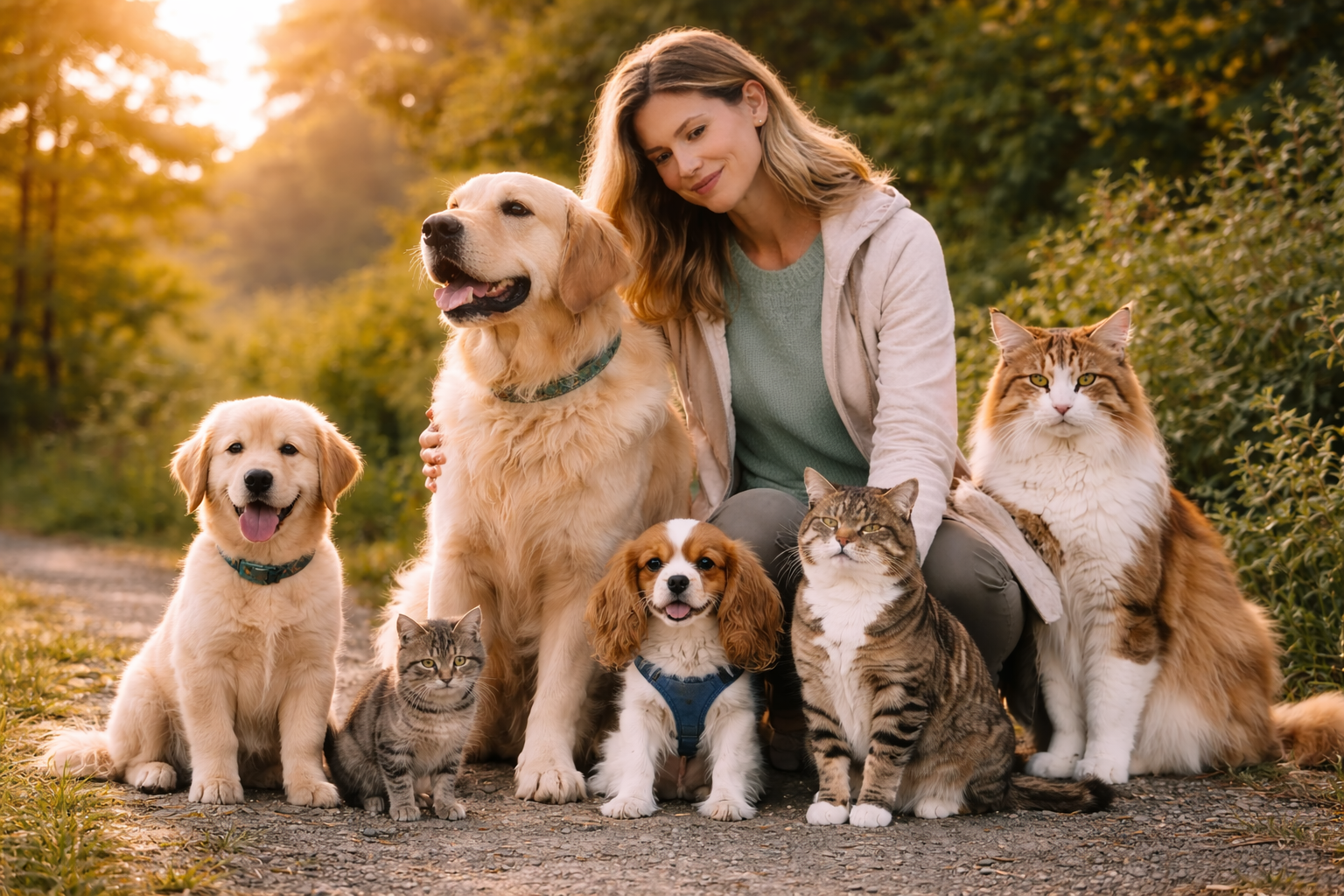 Hund und Katze in unterschiedlichen Entwicklungsstufen – vom Start mit Welpe oder Kitten bis zum entspannten Alltag.