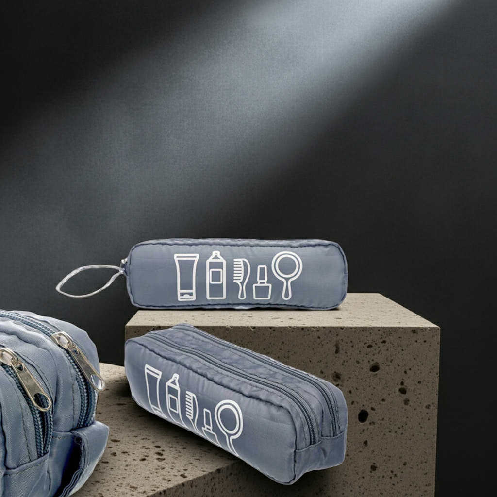 Kompakte graue Kosmetiktasche mit zwei Reissverschlussfächern