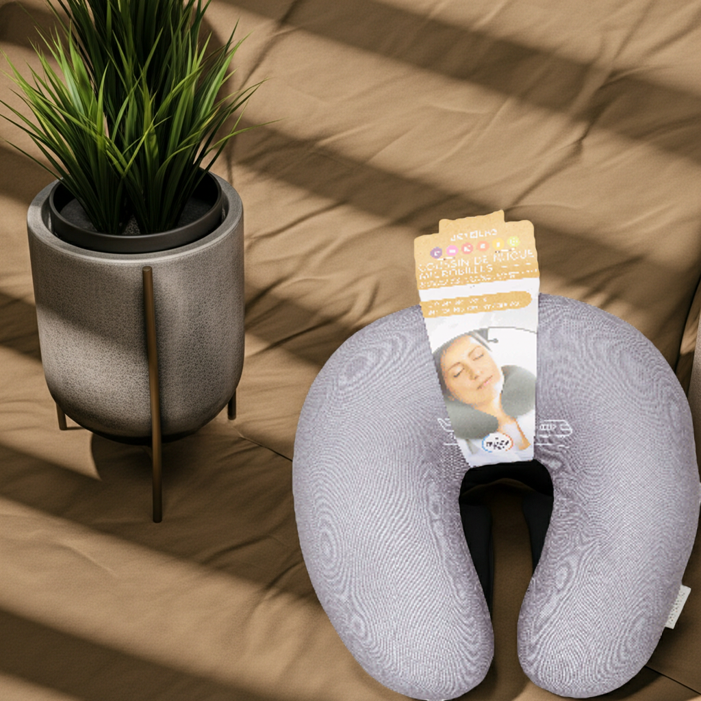 Nackenkissen von FitStart Travel Comfort – kompaktes Reisekissen mit Mikroperlen für Flugzeug, Auto und Bahn.