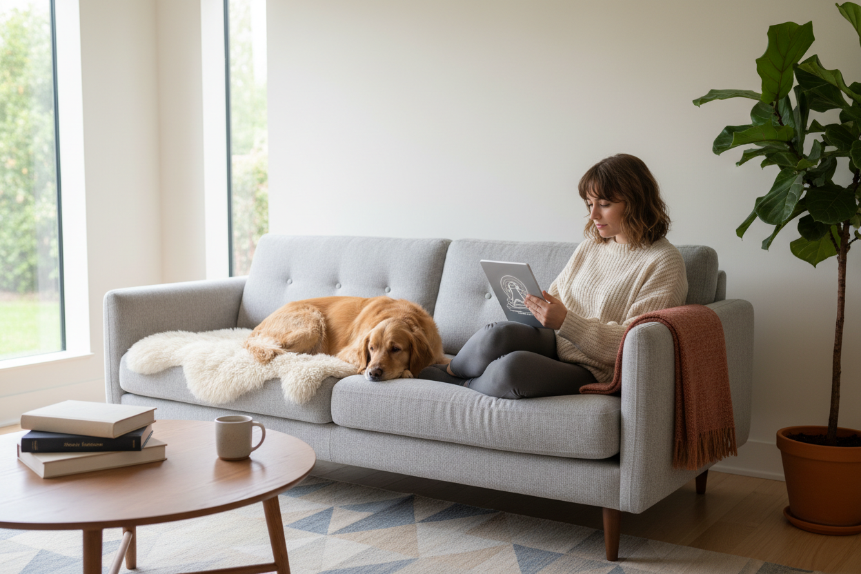 Frau sitzt entspannt auf dem Sofa und nutzt ein Tablet, während ihr Hund ruhig neben ihr liegt – Alltagssituation mit Fokus auf Ruhe, Struktur und digitales Lernen mit Hund