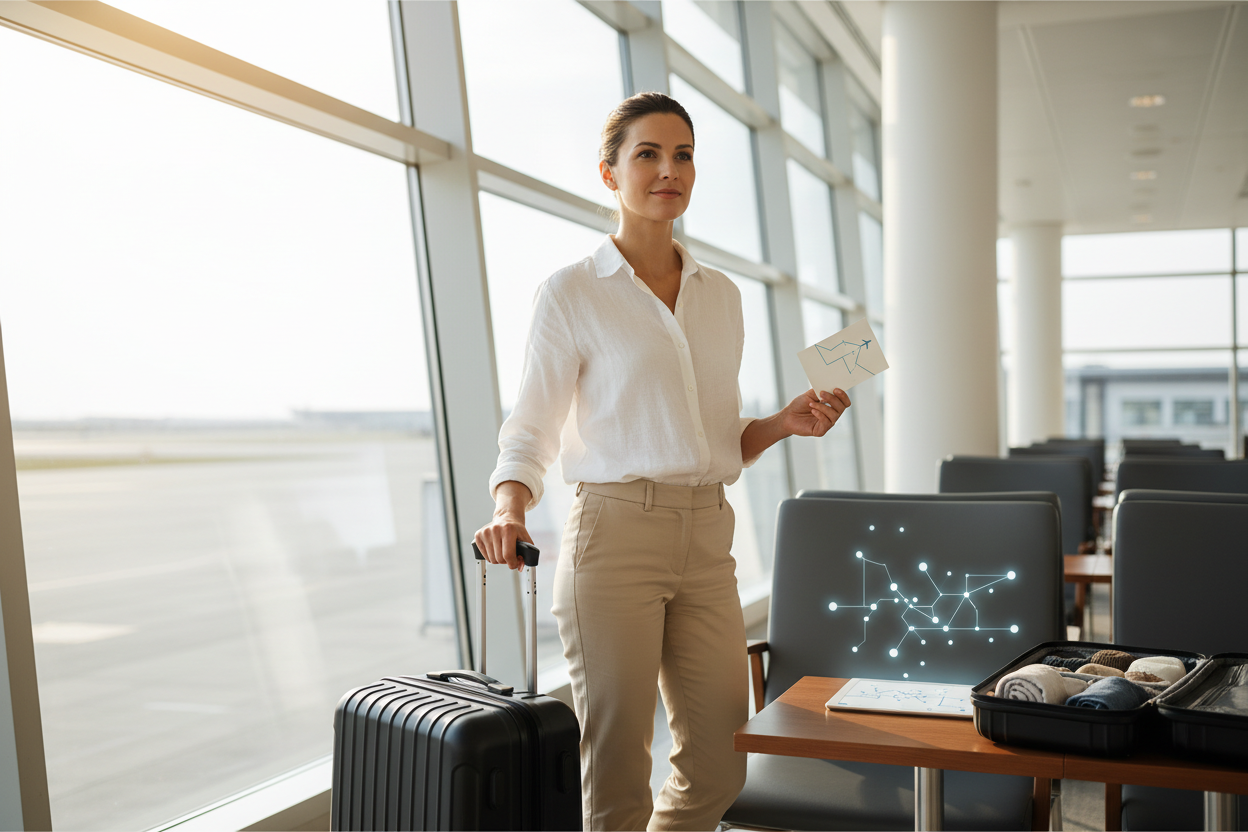 Frau mit Koffer am Flughafen hält Reisedokumente – strukturierte und entspannte Reisevorbereitung