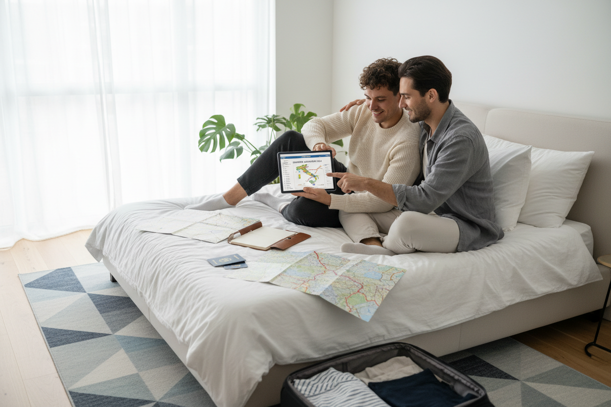 Zwei Personen planen gemeinsam eine Reise mit Tablet und Karten im Schlafzimmer – entspannte und strukturierte Reisevorbereitung