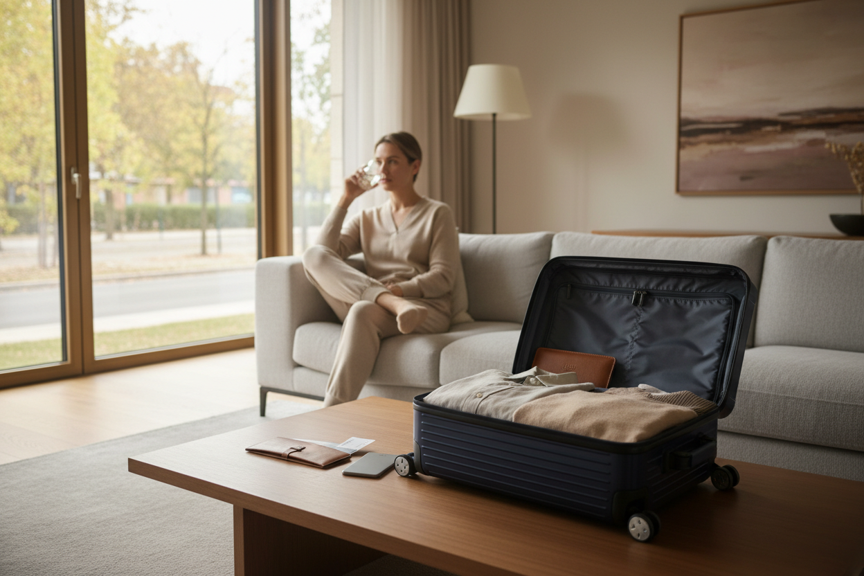 Reisevorbereitung mit gepacktem Koffer und Reiseutensilien für entspanntes und gut geplantes Reisen