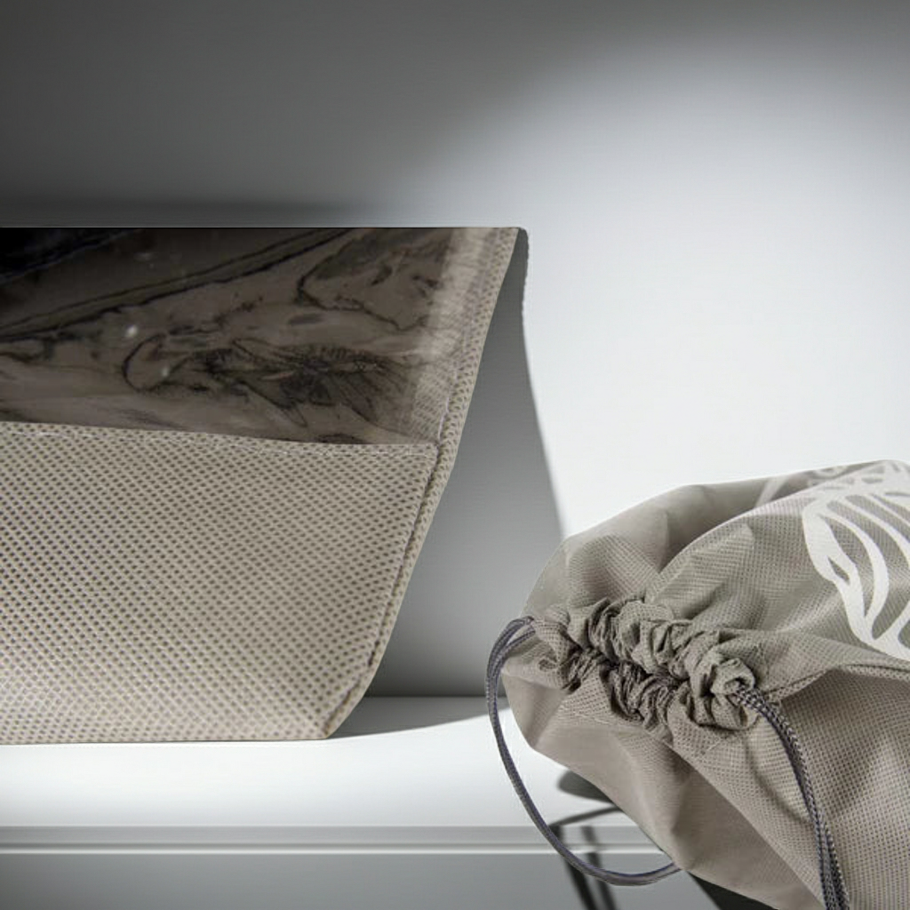 Grauer Reise-Schuhbeutel mit Hängekarton – Abmessungen 43 × 31,5 cm