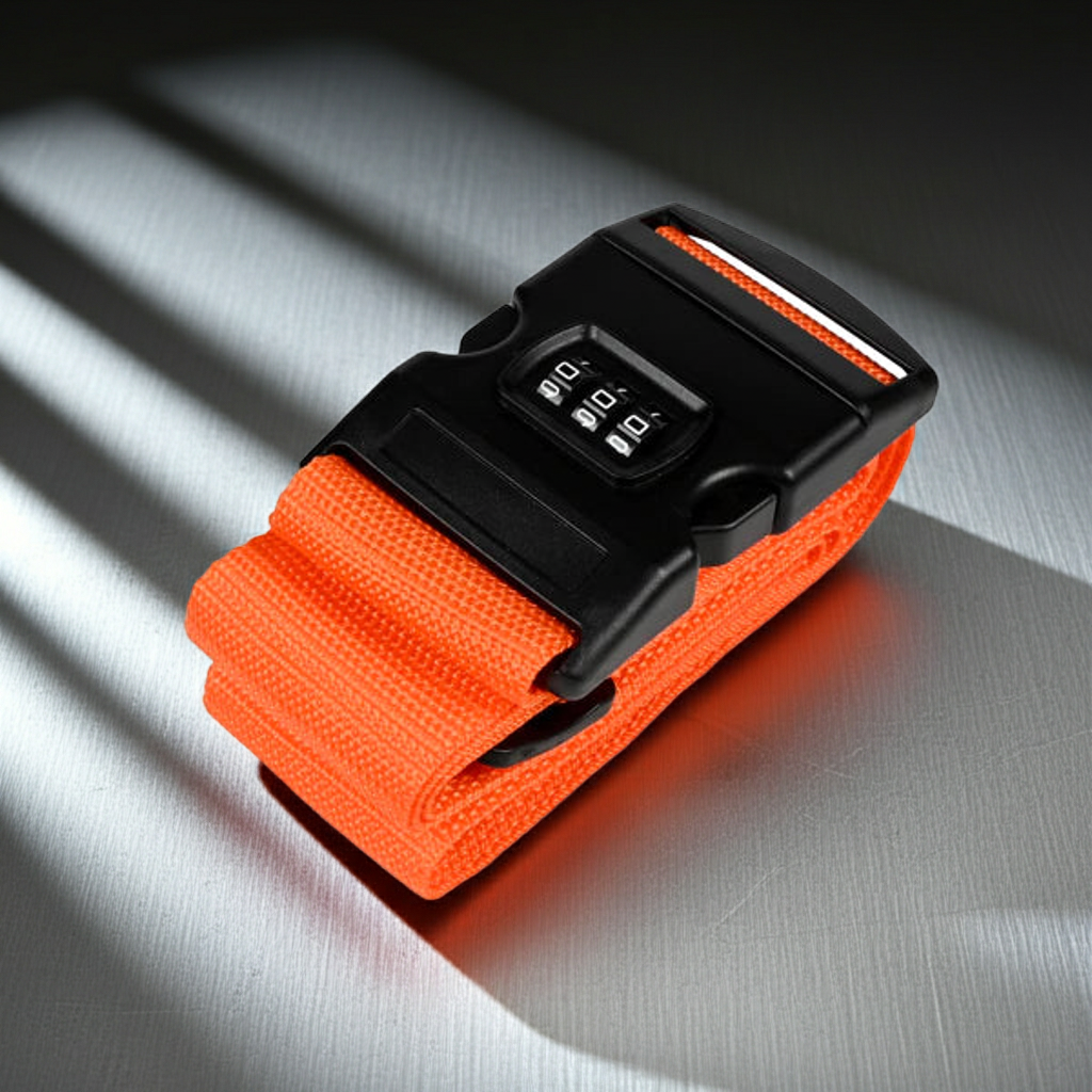 Nahaufnahme Gepäckgurt mit Schnalle und verstellbarem Band für Koffer