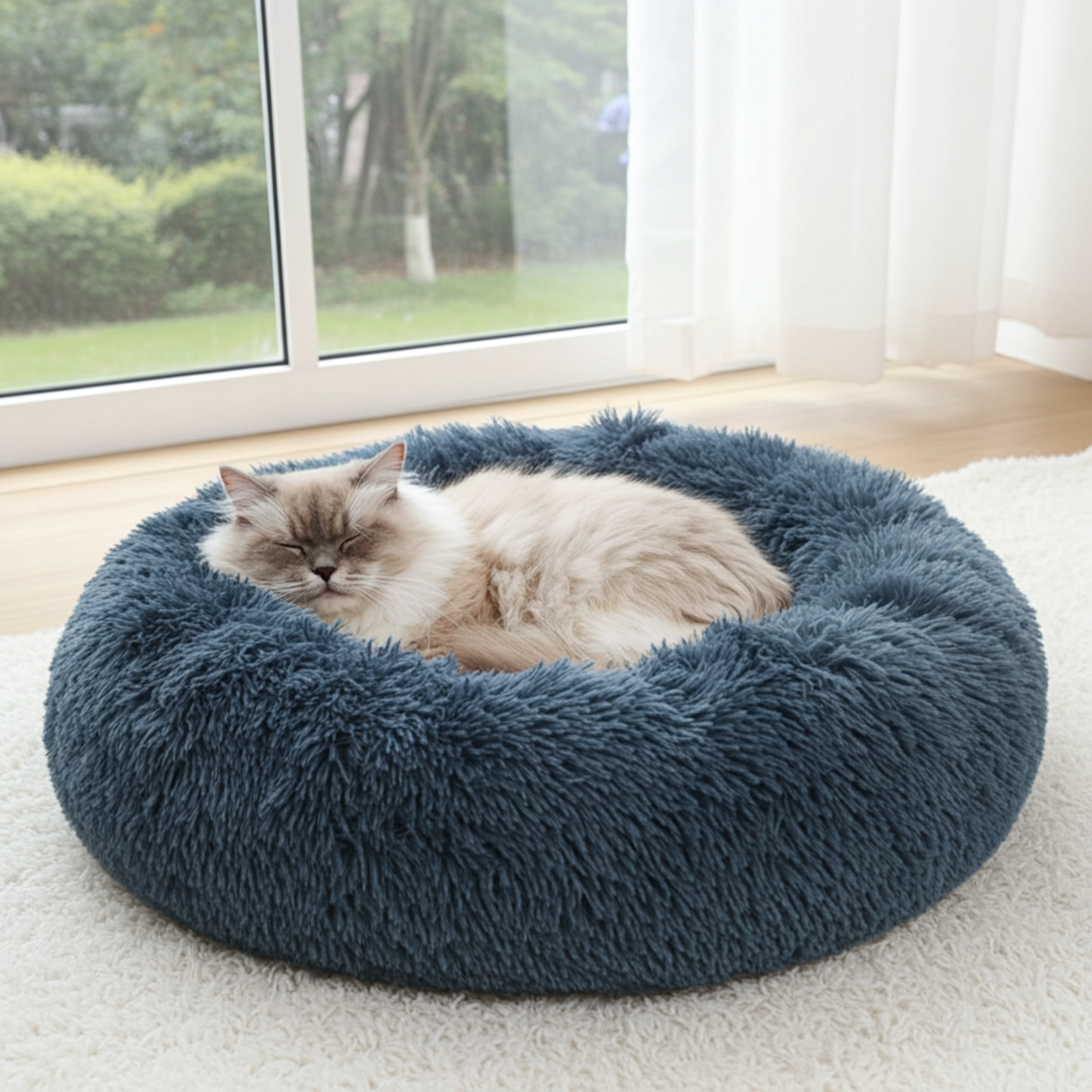 Donut-förmiger Ruheplatz von FitStart Pets für Hund und Katze – kuscheliges Haustierbett mit erhöhtem Rand für Geborgenheit.